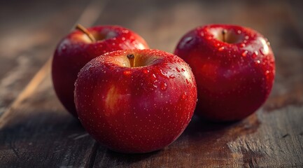 Three red apples with water droplets on a wooden surface