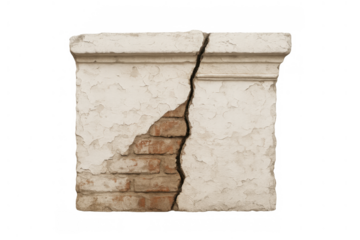 Cracked wall section with peeling plaster exposing old brick, revealing damage, decay, and aged texture