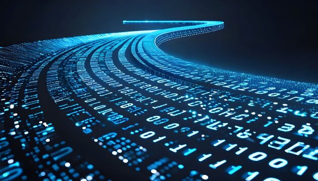 A glowing blue stream of binary code representing the flow of digital information and big data.