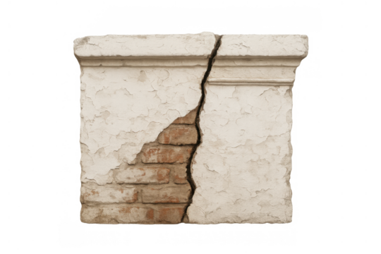 Cracked wall section with peeling plaster exposing old brick, revealing damage, decay, and aged texture