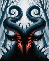 Dark figure with deer arching , like a devils type horns glows red amid foggy leafless forest, terrible, flat graphic style.