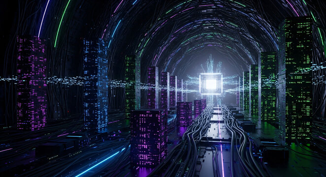 Immersive digital city scape with glowing neon skyscrapers and data streams, representing future technology and innovation.