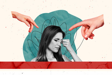 Image trendy art banner collage of upset girl hold head hands point bullying stereotype loneliness...