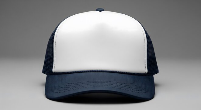 A classic trucker hat with a blank white front panel and a dark mesh back, shown on a neutral gray background. Perfect for mockups and apparel design.
