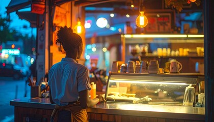 Barista Closing Caf&eacute; at Dusk With Warm Amber Light on Blue Street