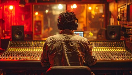 Sound Technician Adjusting Dials in Low-Lit Amber Recording Booth