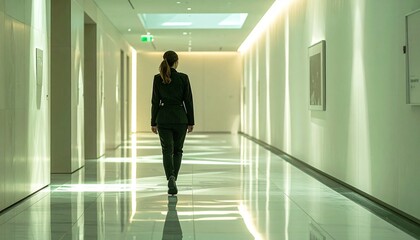Security Guard in Pale Green Gallery Hallway With Reflective Marble Floor