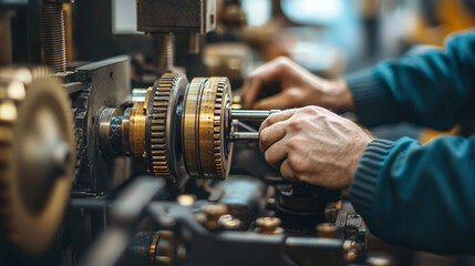 Close-up of a mechanic’s hand carefully adjusting industrial machinery. The image emphasizes precision, technical skill, and hands-on engineering work, capturing the essence of mechanical expertise an