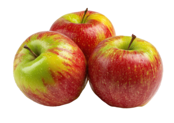 Three vibrant apples, clustered closely together, display a mix of red and green hues.  The apples' skin is textured with visible stripes and speckles.  Fresh and appetizing
