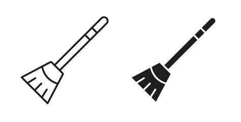 Broom icon in line design and solid black and white colors for designs