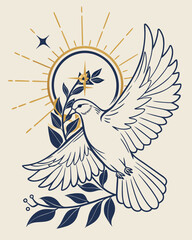 Dove of peace with olive branch and sunburst, Symbol of hope, peace, and new beginnings