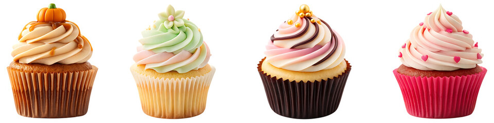 Four decorated sweet cupcakes dessert frosting