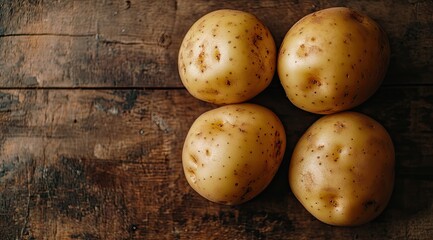 Four potatoes on rustic wood