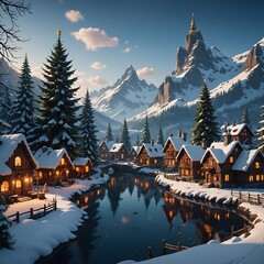 Beautiful Christmas Village in the mountains with Snow and Holiday Lights