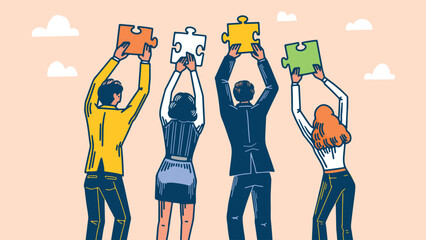 A business team solving a problems by doing the jigsaw puzzle pieces. Finance, team building concept. four people standing with elements of whole idea. outline hand drawn style