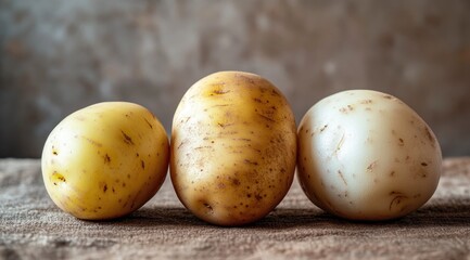 Three potatoes in various shades of pale yellow and cream, on a textured surface