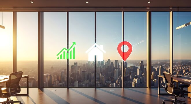 Office view of a city sunrise, with digital icons for business growth, real estate, and location, symbolizing urban development and market strategy
