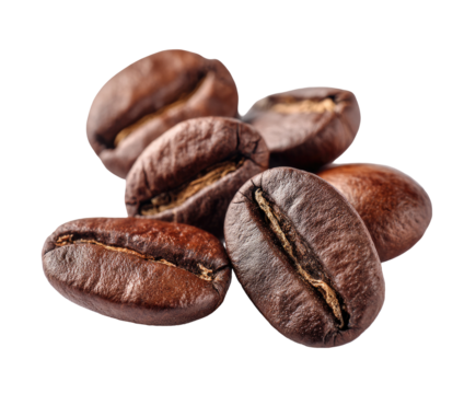 Close-up of several whole coffee beans.  The beans are a rich, dark brown, and their surfaces show variations in texture and highlights.  They are clustered together, filling the image frame