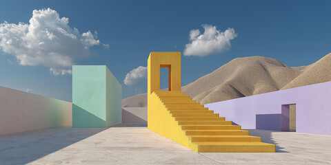 Colorful geometric architecture with yellow stairs and pastel walls

