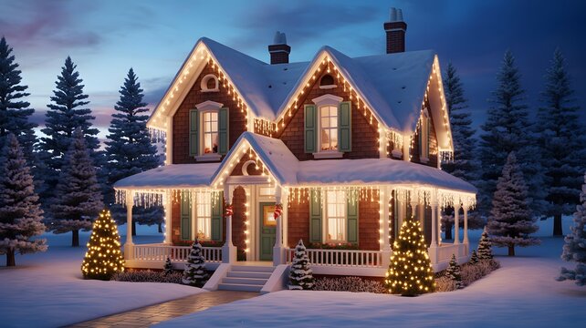 Victorian style home adorned with twinkling lights and snow covered trees during winter evening - Powered by Adobe
