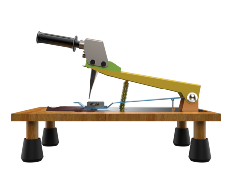 Precision Leather Crafting Equipment: Detailed 3D Model of a Manual Stamping and Embossing Press featuring a Yellow Lever, Blue Arm, and Wooden Base, High-Resolution Digital Asset for Artisan Workshop