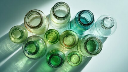Top view of glass bottles in green and blue tones casting soft shadows on white background symbolizing recycling sustainability and eco minimalism