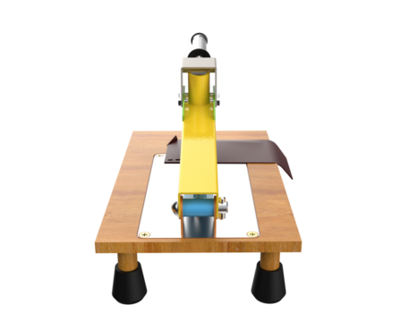 Workshop Leather Punching Press Device with Wooden Base: Manual Punch Mechanism for Home Workshop DIY Projects and Custom Leather Goods, Highly Detailed Isolated HD Rendering.