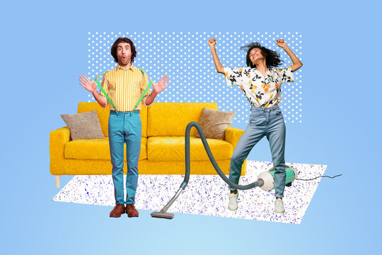 3d full image poster banner collage of happy shocked girl guy stand indoor house cleaning vacuum cleaner duties dust moping