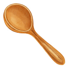 Watercolor drawing of a simple wooden spoon. Useful for recipe layouts, kitchen utensil designs, cooking blogs, and rustic or natural culinary themes.