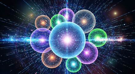 Vibrant abstract digital spheres illuminate a network of glowing data streams, representing innovation and global connectivity in a modern, energetic concept.