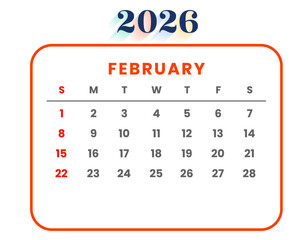 February 2026 Monthly Calendar Vector Template with Red and Orange Modern Design