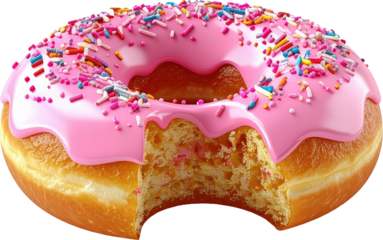 Delicious pink frosted donut with colorful sprinkles and bite mark, close up on sweet dessert pastry