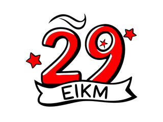 Graphic design for Turkey national day, bold red 29, EKIM, stars, ribbon icon, Turkish flag, on white background.