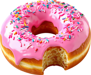 Delicious glazed donut with pink icing and colorful sprinkles, bitten dessert on white background