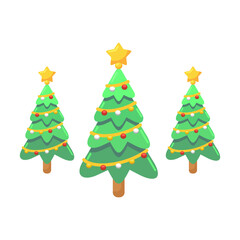 Three cartoon Christmas trees are decorated with lights and topped with stars.