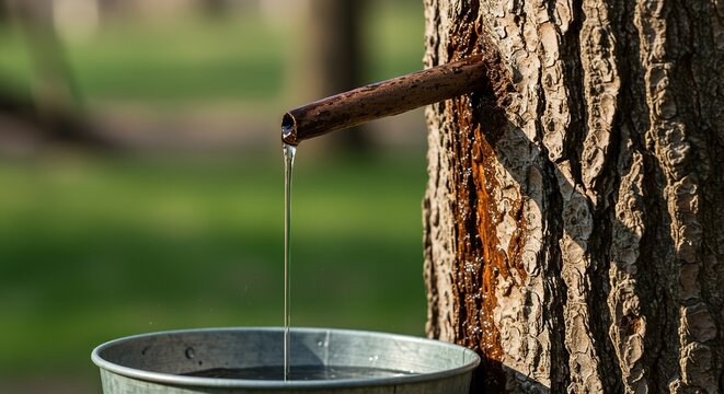 Clear liquid slowly drips from a spile inserted into the bark of an old maple tree on a sunny spring day, gathering in a bucket below ,farm ,outdoor ,process
