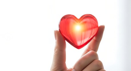 Fototapeta premium Hand Holding Red Heart with Bright Light Reflection in Bright White Background