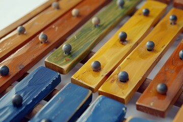 Colorful Xylophone: A close-up view of a vibrant xylophone, showcasing its wooden bars painted in rich, diverse hues and adorned with metal pins