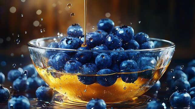 Fresh organic blueberries with dripping honey high resolution picture