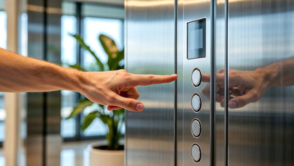 Close-up of a hand pressing an elevator button in a blurred modern office building