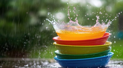 Colorful dishes in rain splash