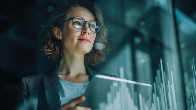 Confident businesswoman wearing glasses looking at digital data analytics visualization through office glass window symbolizing innovation and leadership in technology