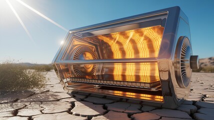 Futuristic solar cooking device on a cracked earth landscape under bright sunlight