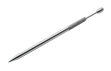 A long, slender, metallic tool.  It's pointed at one end and has a rounded tip on the other.  The shaft has a textured, ridged section