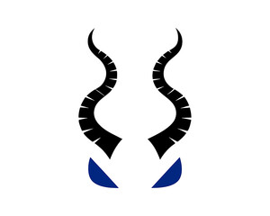 Dark figure with deer arching , like a devils type horns glows red amid foggy leafless forest, terrible, flat graphic style.