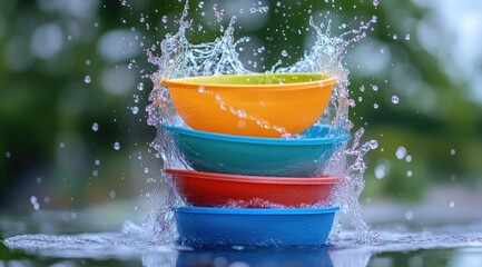 Colorful bowls in a stack, water splashes (5)