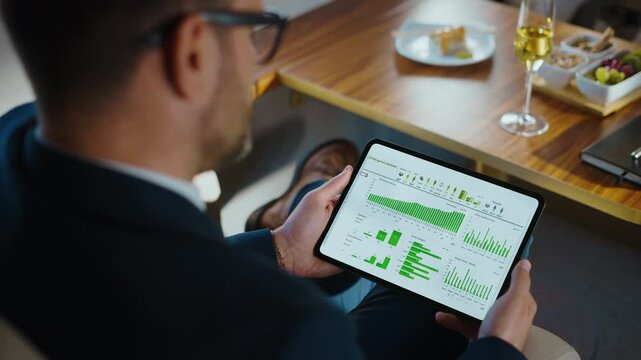 Over-the-shoulder view of a corporate manager analyzing financial statistics on a digital tablet during a business trip, reviewing sales infographics and company growth analytics on the screen