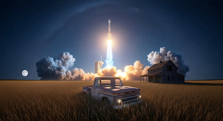 Cinematic landscape of an old farmhouse and classic truck in a wheat field at night, massive rocket launching behind the house with fiery explosion and dense blue-orange smoke