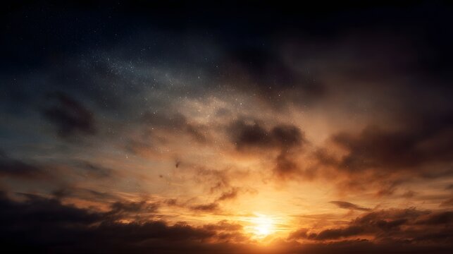 A dramatic and atmospheric twilight sky filled with textured glowing clouds illuminated by a radiant sunset and distant celestial stars