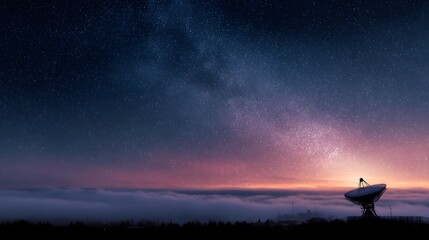 Fototapeta premium A satellite dish silhouetted against a starry night sky and the Milky Way above a layer of mist at twilight